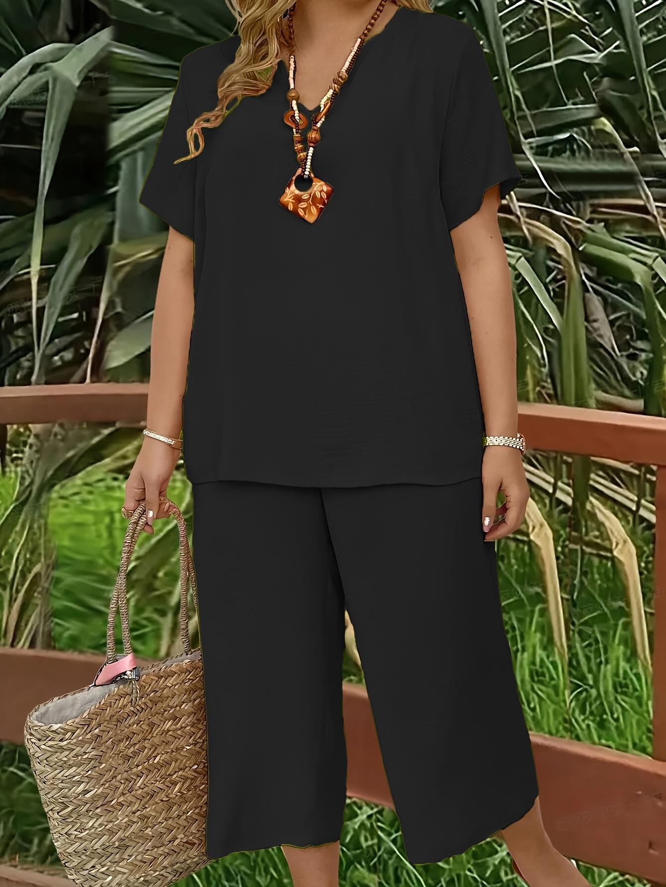 Elegant Plus Size Women's Solid Color Short Sleeve Fashion Top & Casual Wide Leg Pants Set, Summer, Comfortable & Stylish Elegant Plus Size Women's Solid Color Short Sleeve Fashion Top & Casual Wide Leg Pants Set, Summer, Comfortable & Stylish