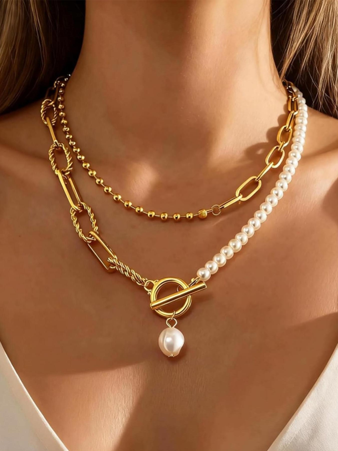 Layered Pearl Chain Necklace for Women, 14K Gold Plated Pearl Link Toggle Clasp Necklace, Dainty Trendy Layered Choker Chunky Jewelry Fashion Gift for Women