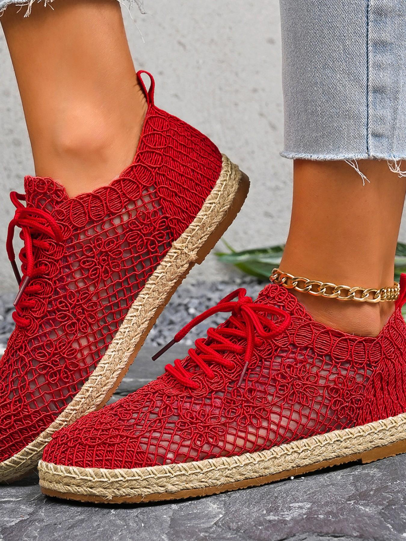 Women's Summer Crochet Sneakers, Casual Breathable Mesh Shoes, Handmade Hooked Knit, Round Toe, Low Ankle, Random Print, Fashion Trendy