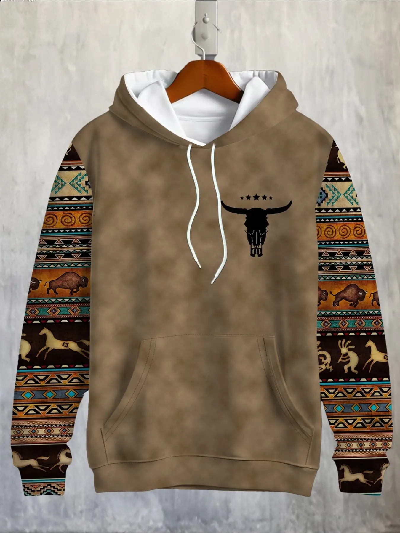 Men's Hooded Sweatshirt, Western Longhorn Skull Navajo Tribe Horse and Bison Print, Vintage Southwest Cowboy Casual Top, Loose-Fit, All Seasons, Loose Fit Sweatshirts
