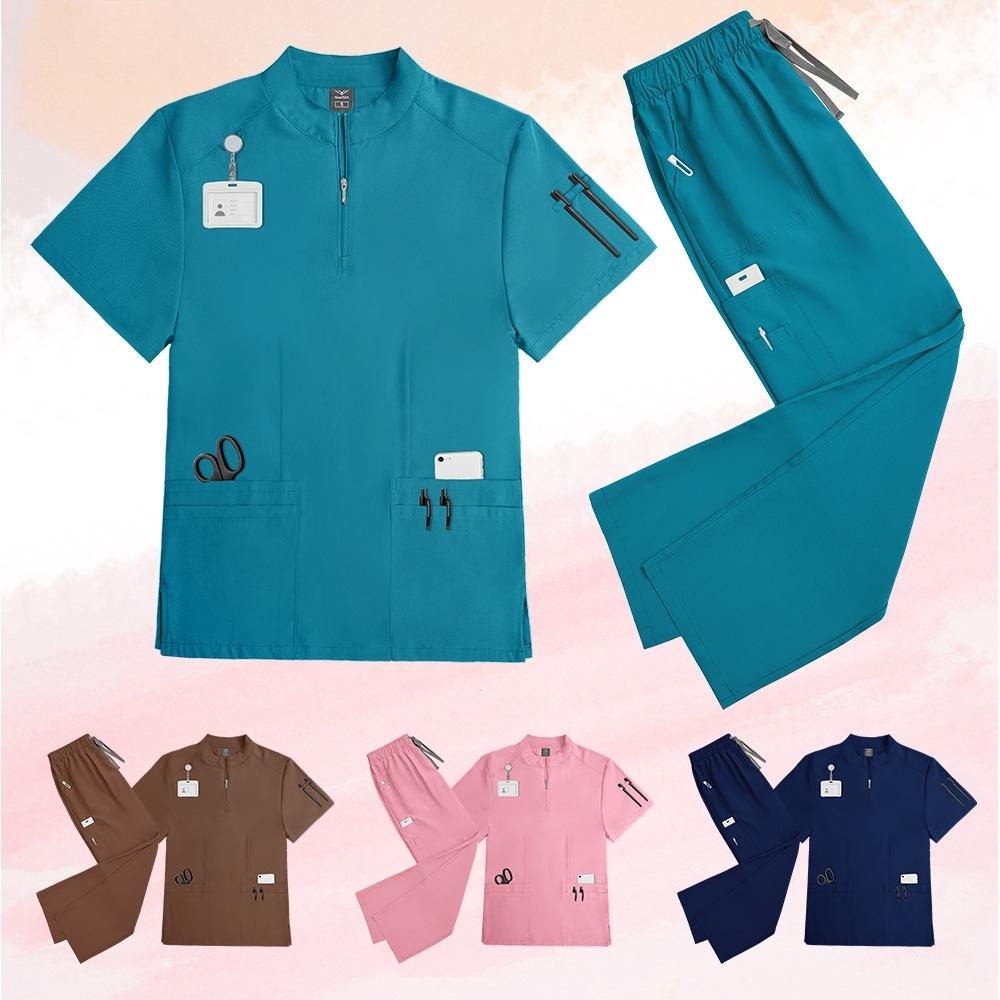 Summer Casual Collar Zipper Short-sleeved Clothing Beauty Salon Nursing Uniforms Hospital Nurses Work Clothes