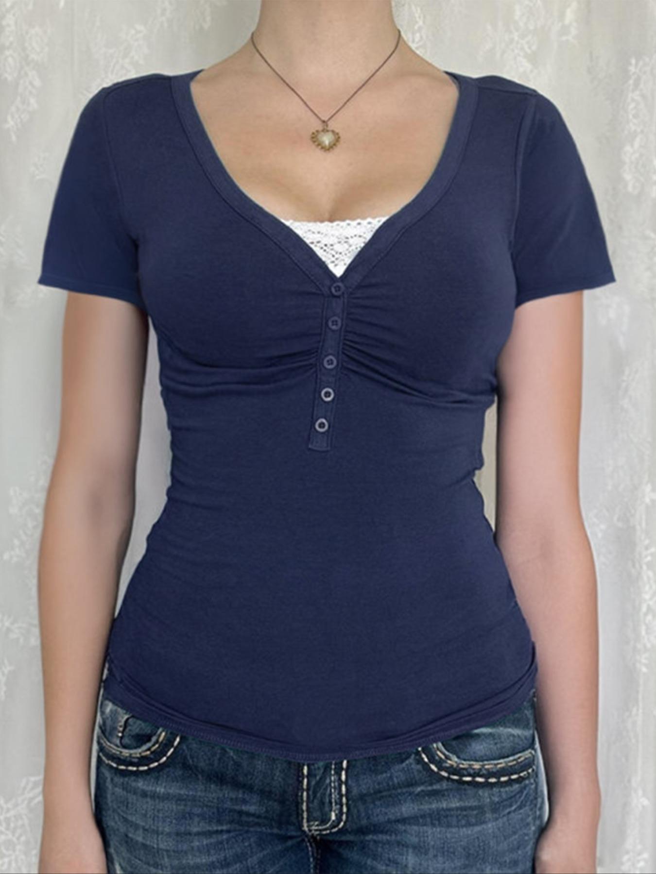 Spring Summer Y2K Style Sweet Spicy Solid Color Fitted Lace Patchwork V-Neck Short Sleeve T-Shirt, Women's Fashion Top