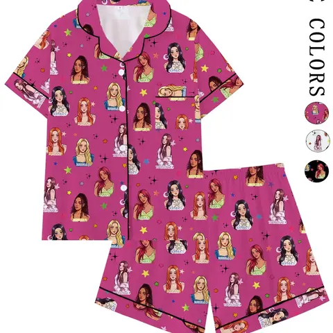Women's Korean Style Cartoon Print Pajama Set, Short Sleeve Open Front Two-Piece Sleepwear, Casual Everyday Loungewear, Loose-Fitting Casual Home Clothes, Gift for Fans