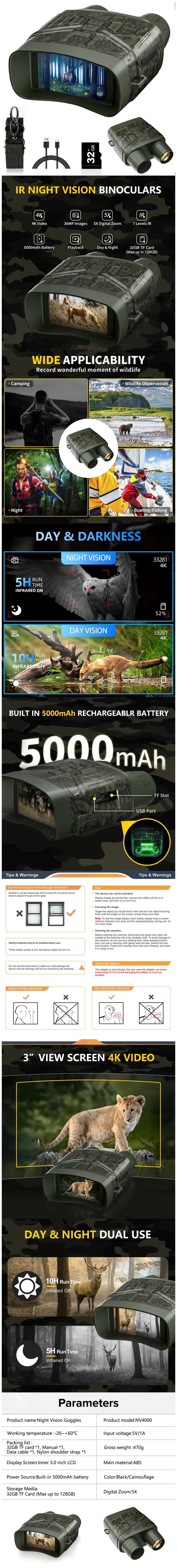 4K Night Vision Goggles, 3'' Large Screen 5X Digital Zoom Binoculars For Photography with 5000mAh Rechargeable Lithium Battery, Camping Binoculars for Outdoor, Field Observation, Gift