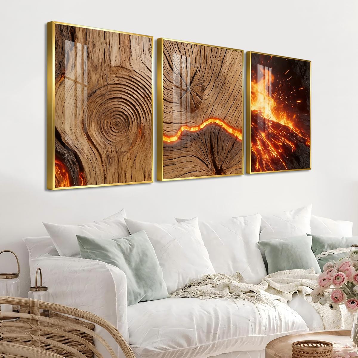 3 Counts Aluminum Alloy Framed Painting, Burning Wood Texture And Flowing Lava Art Pictures, Home Decoration For Living Room, Bedroom, Office, Restaurant, Hallway Wall Decor, Odorless Print Artwork, Luxury Perfect Gift For Friends And Family