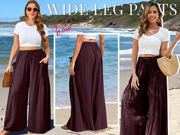 TARSE Women Casual Linen Palazzo Pants Loose Fit Boho Wide Leg Baggy Trousers with Pockets Oversize Summer Vacation Womenswear Work Pants