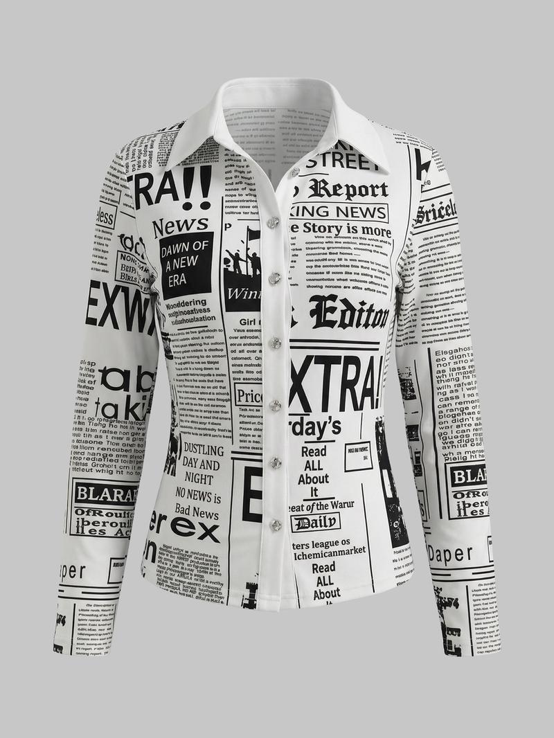 Women's Long Sleeve Casual Shirt with Letter Print, Single Button Front Design, Perfect for Daily Wear & Outdoor Activities, Womenswear