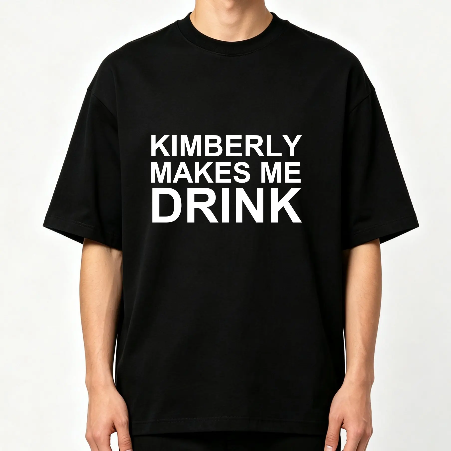 Men's "Kimberly Makes Me Drink" Letter Slogan Digital Print Crew-Neck T-Shirt, 100 Cotton Clothing, Medium Length, Machine Washable