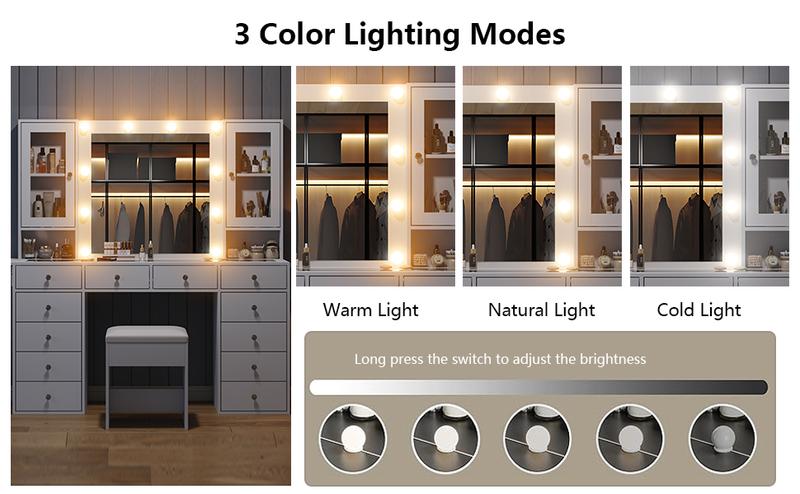 FUSOU [ Valentine's Day ] 55"W Vanity with Power Outlet【Shipping By 2 Packages】Vanity Desk with Mirror and 10 LED Lights, Makeup Vanity with 12 Drawers and 2 Cabinets, Fold-up Panel, Glass Top Vanity Table with Chair for Bedroom