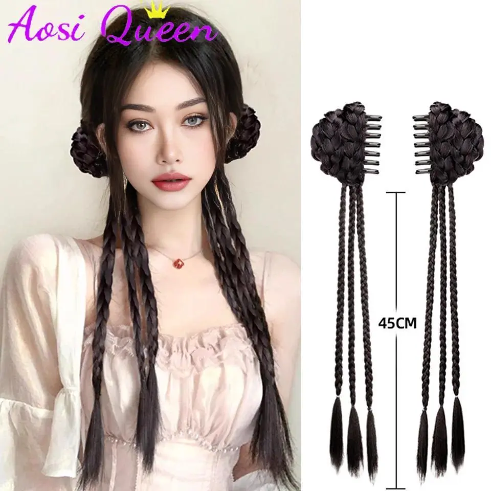 AOSI  Synthetic Wig Braid New Chinese Double Ponytail Twist Boxing Braid Wig Claw Clip Ponytail Wig