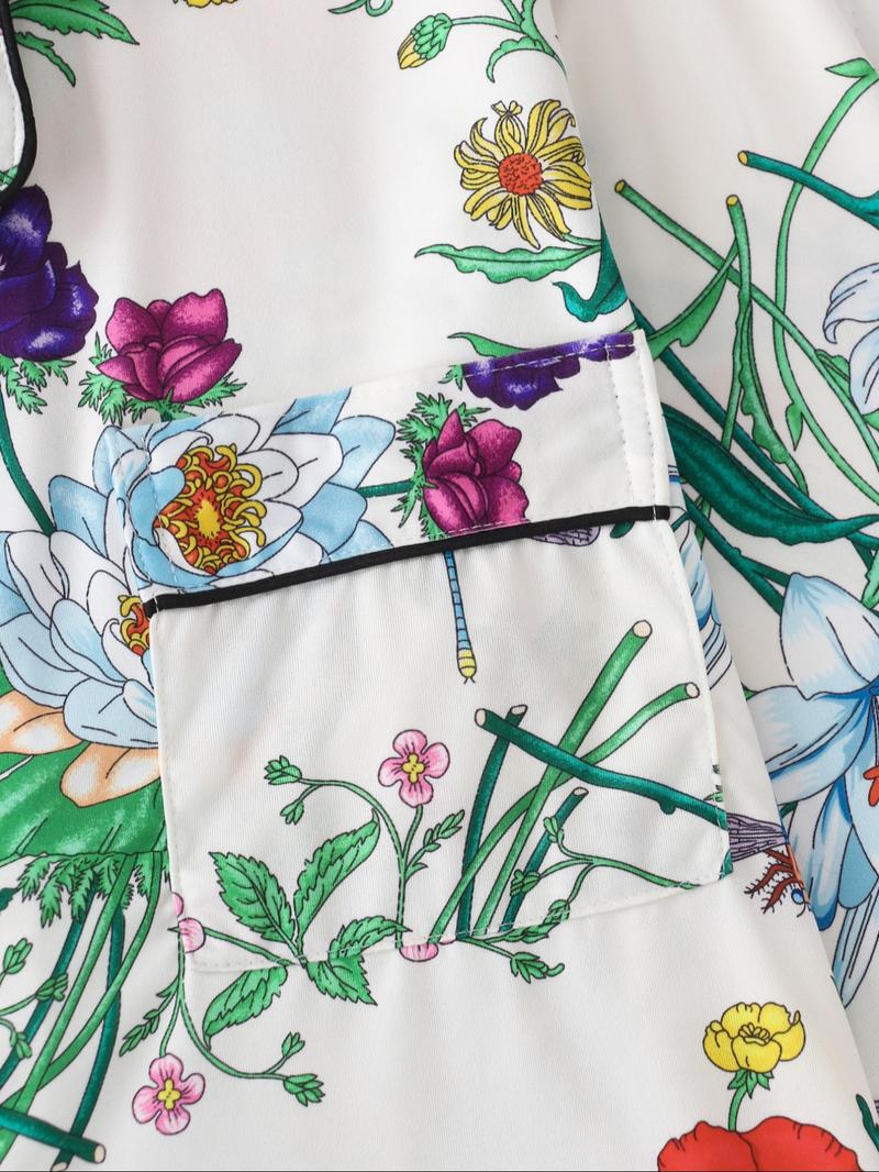 Women's All Over Floral Print Button Front Pocket Shirt & Elastic Waist Pants Pyjama Set, Casual Comfy Two-piece Pj Set, Ladies Sleepwear for All Seasons Pajama Set