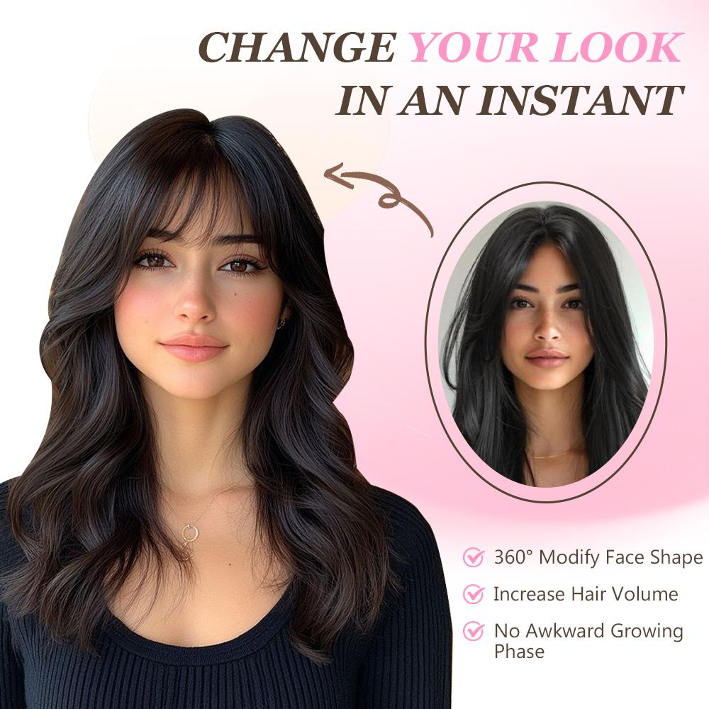 Auvzy Clip in Bangs Mini Wavy Hair Topper with Bangs 18inch Natural Looking Synthetic Clip Fringe for Thinning Hair Daily Wear Quick Styling Curly Wave