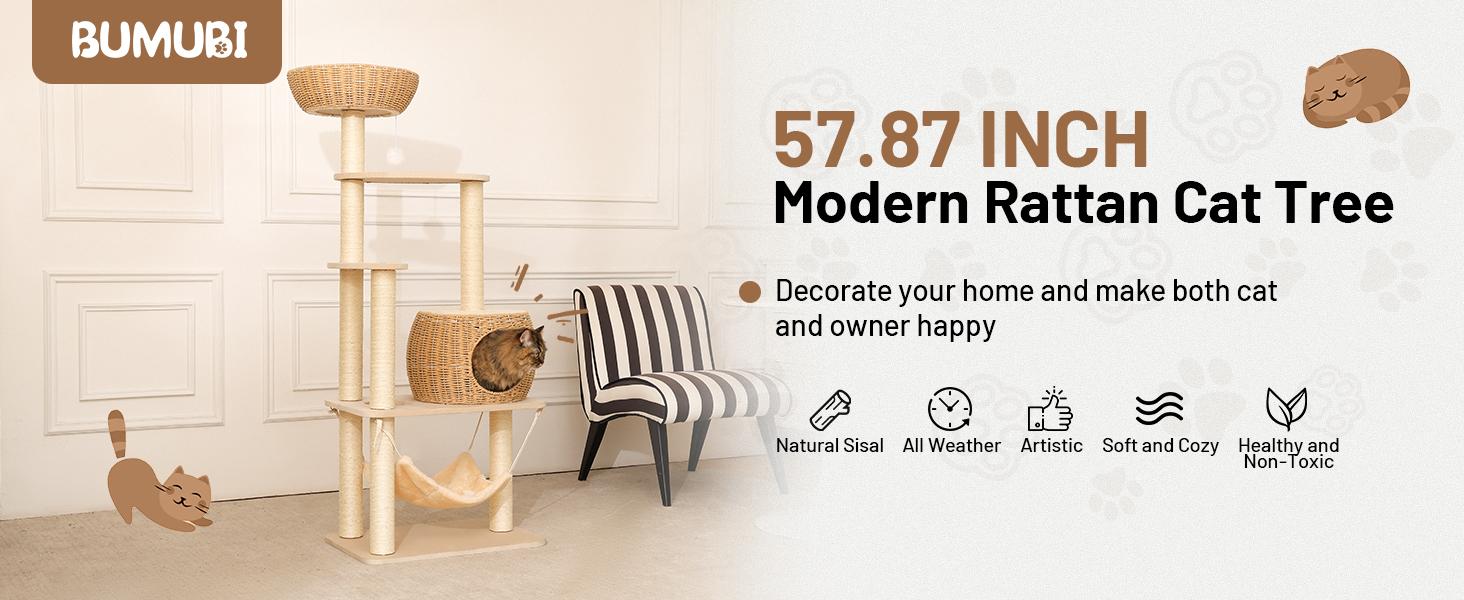 Multi - Level Rattan Cat Tree Tower with Scratching Posts & Lounging Areas for Indoor Cats