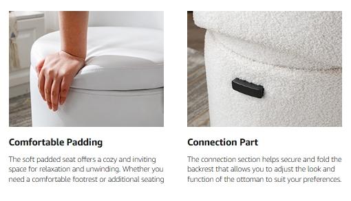 Product Introduction of Chairus Viral 3 in 1 Stool, Modern Round Swivel Vanity Storage Stool, Makeup Ottoman with Storage,Upholstered 360° Swivel Vanity Stool with Foldable Backrest, Cylindrical Footrest Stool for Living Room Bedroom,Sherpa White 1