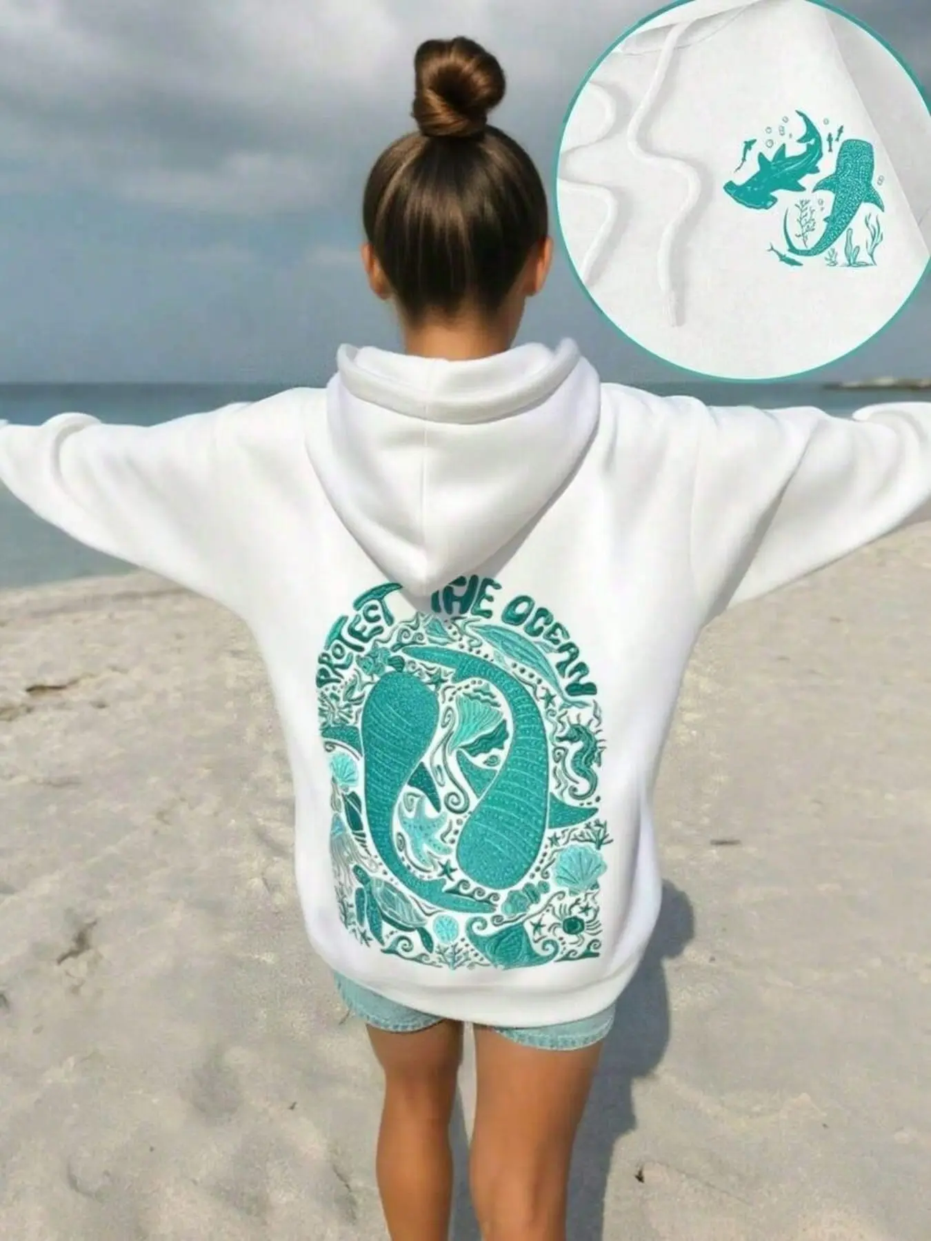 Women's Drop Shoulder Hoodie, Letter Whale Turtle Seahorse Shell Print Casual Drawstring Pocket Sweatshirt, Fall Winter Fashion, Printed Graphic Hoodie