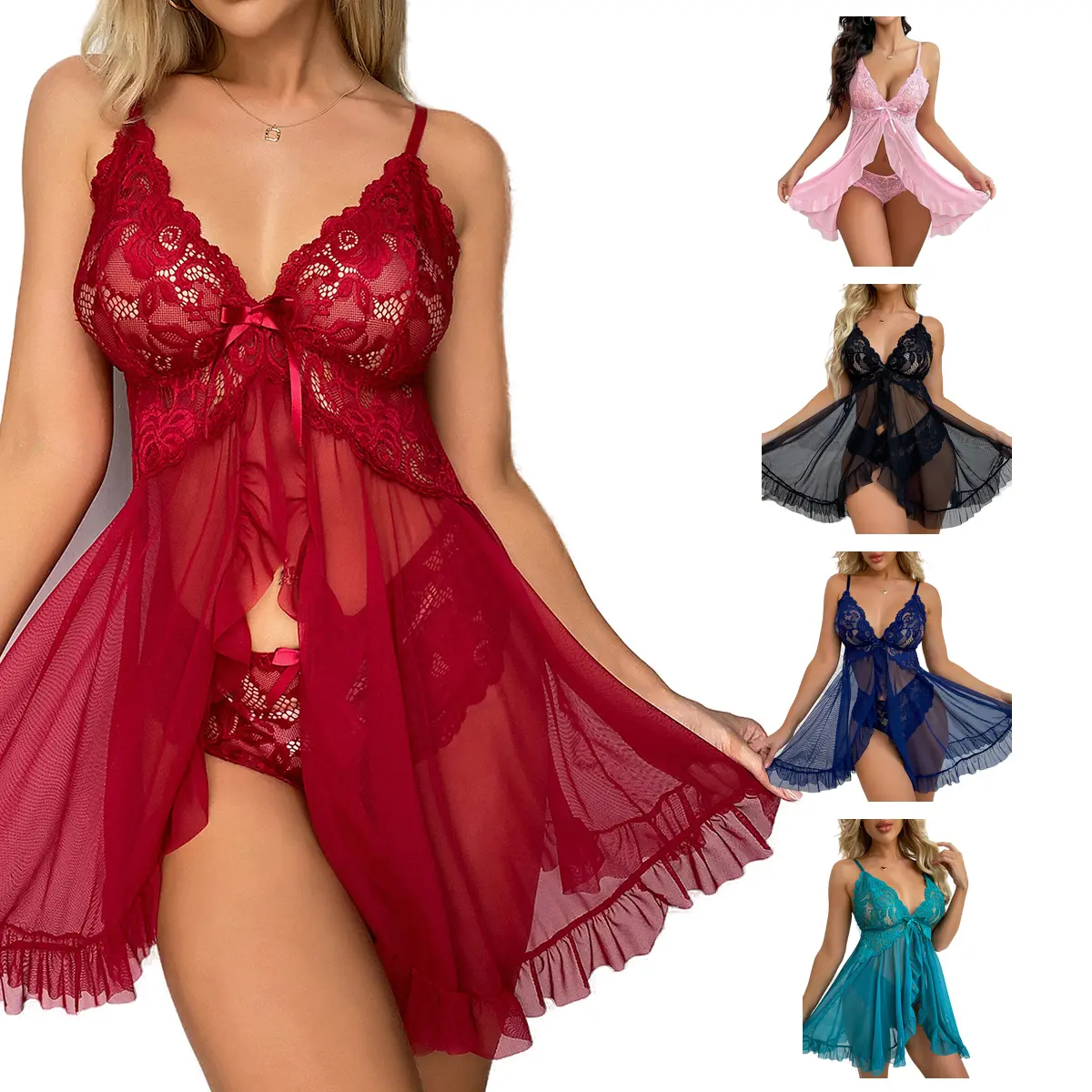 Women's Lace Babydoll Lingerie, Sleeveless Soft Mesh Chemise, Elegant 1 Piece Flowy Romantic Loungewear, Elegance