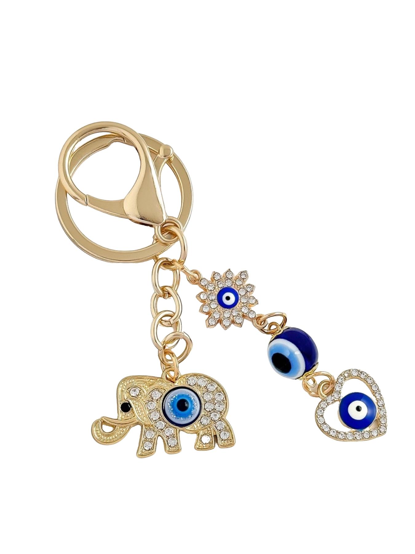Trendy Rhinestone Elephant and Devil Eye Pendant Keychain, Butterfly Charm Accessory, Couple Key Ring, Casual All-Season Fashion