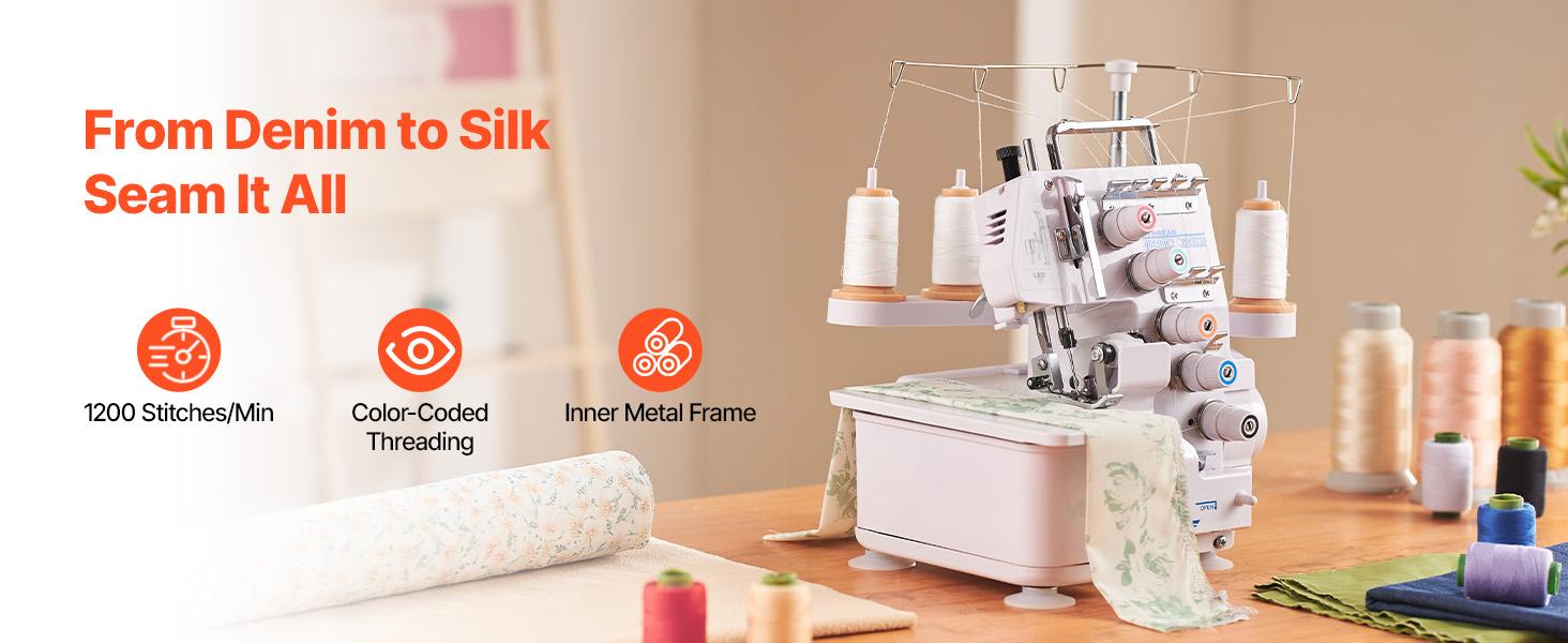VEVOR Serger Overlock Sewing Machine, 1250 Stitches Per Minute, 2-3-5 Thread Capability, with LED Light and Strong Suction Feet, Heavy-Duty Metal Frame Sewing Machine for Various Fabrics, White VEVOR Serger Overlock Sewing Machine, 1250 Stitches Per Minute, 2-3-5 Thread Capability, with LED Light and Strong Suction Feet, Heavy-Duty Metal Frame Sewing Machine for Various Fabrics, White