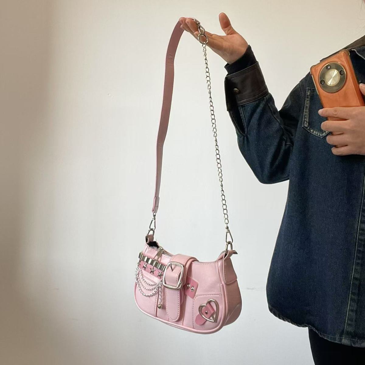Fashion Hot Girls Square Shoulder Bags Retro Rivet Star Women's Underarm Bag Sweet Pu Leather Female Chain Handbags Pink Purse