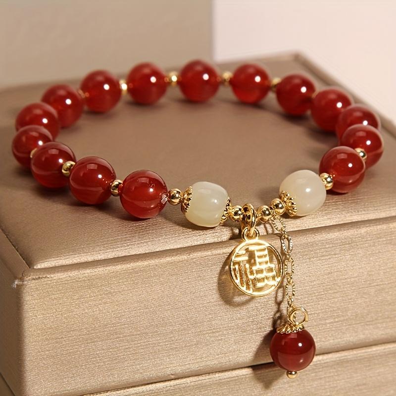 Women's Chinese Lucky Fortune Bracelet - Red Good Luck Charm Beads with Fu Character, Elegant Vintage Jewelry Gift for Mothers Day, Birthdays & Daily Wear for Luck