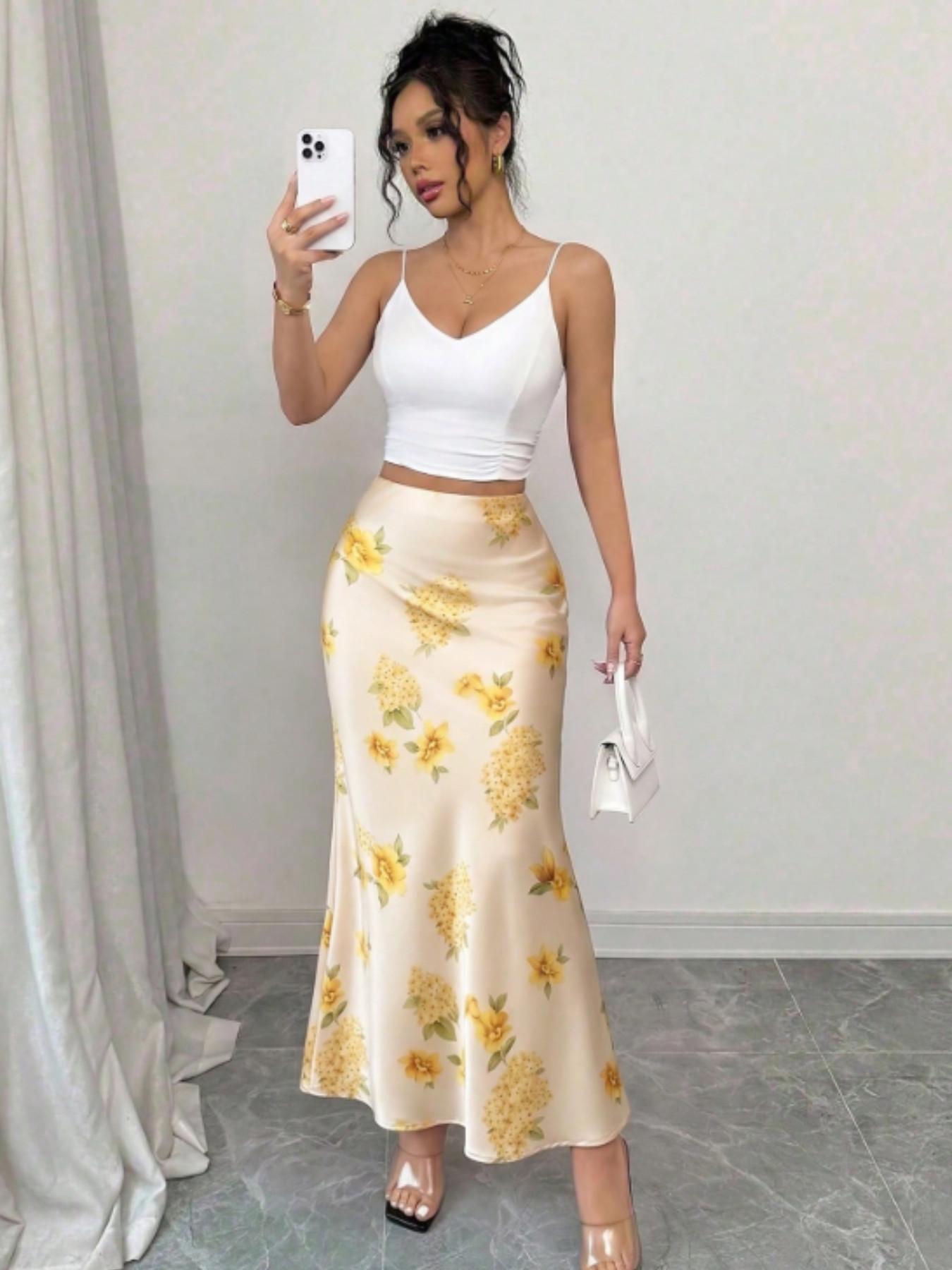 Elegant Champagne Floral Fish Tail Midi Dress, High Waist Flowy Satin Print Skirt, Medium-Length Bodycon Long Dress