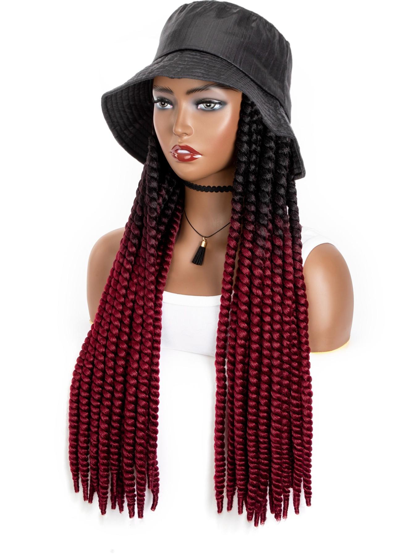 Long Ombre Black Burgundy Synthetic Havana Mambo Twist Braided Hair Extensions Cap Wig Spring Braiding With Bucket Hat