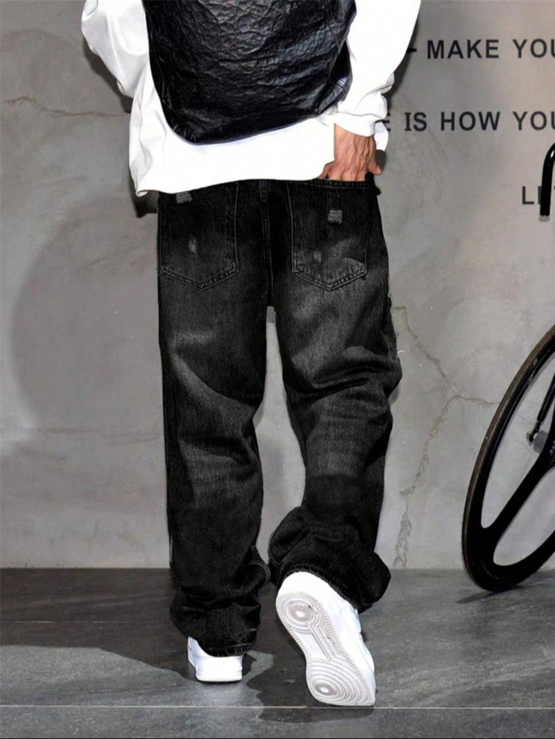 Men's Korean Style Casual Patched Ripped Wide Leg Jeans, Loose Fit Straight Tube Pants, Trendy Cool Design, All Seasons