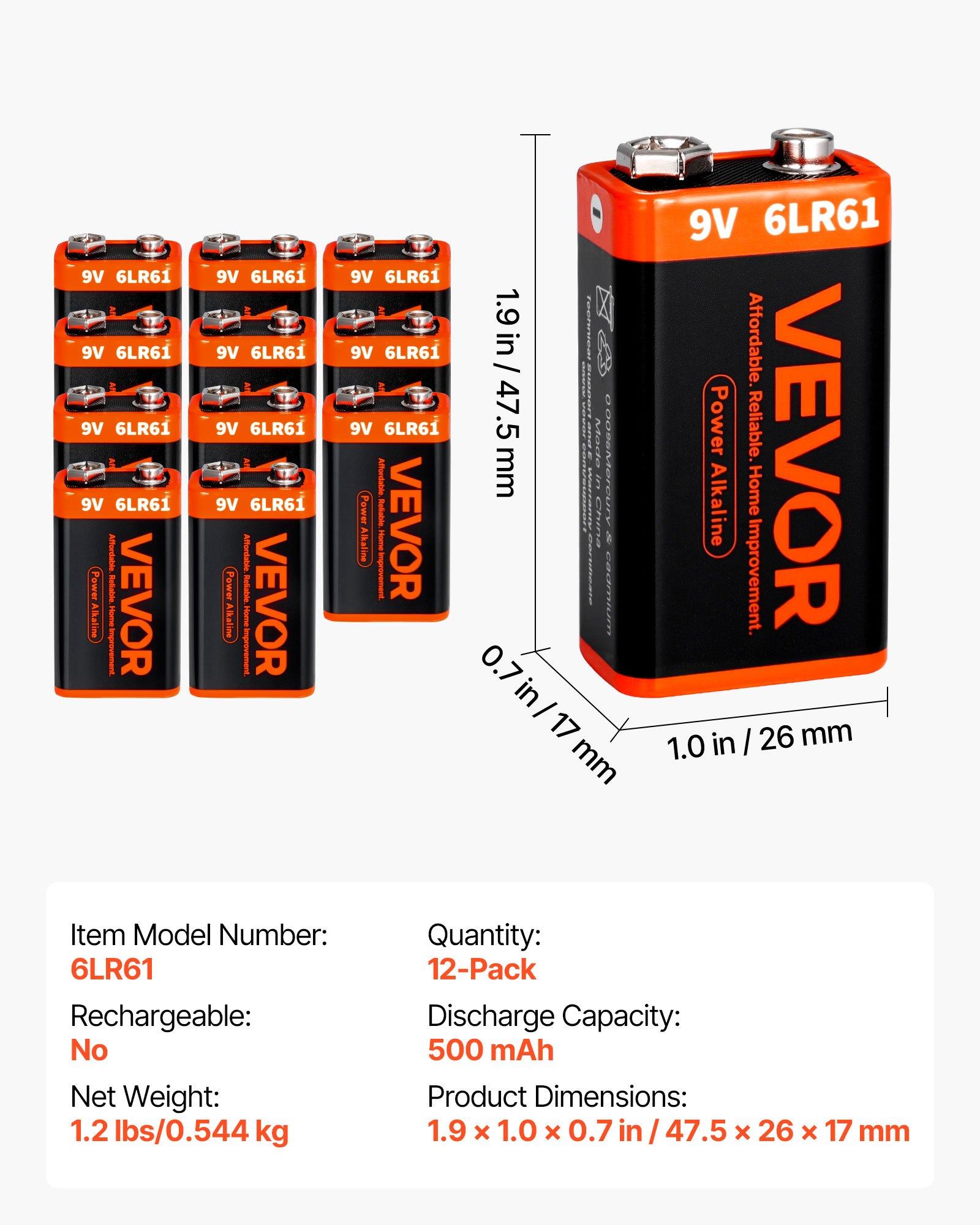 VEVOR 9V Alkaline Batteries, 12-Pack, 9 Volt Square Battery for Smoke Detector, 10-Year Shelf Life, Long Lasting, All-Purpose, for Fire Alarm, Household Office Business Devices, Electronics & Audio