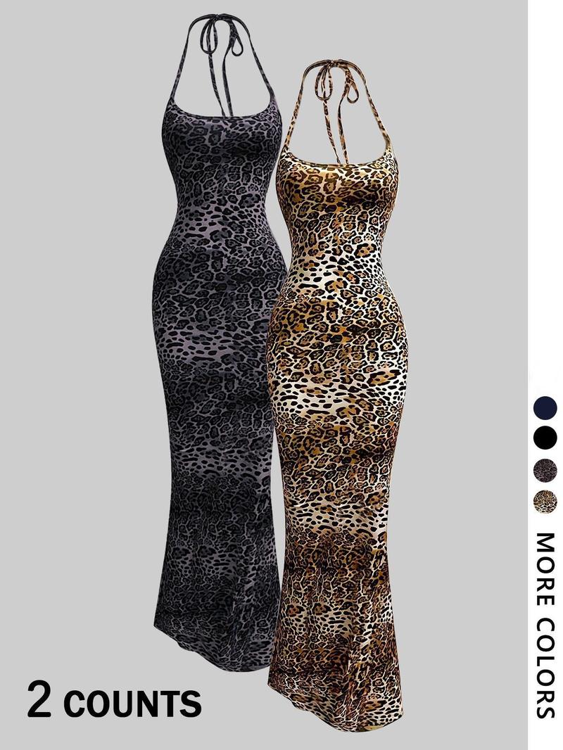 2-piece leopard print camisole and floor-length slim bodycon mini skirt - TikTok viral animal print! Stretch fabric, strap design, available in multiple colors (brown/black) 🔥 Perfect for #DateNightOOTD, #CoquetteAesthetic, #Y2KRevival. Fashionable, flat