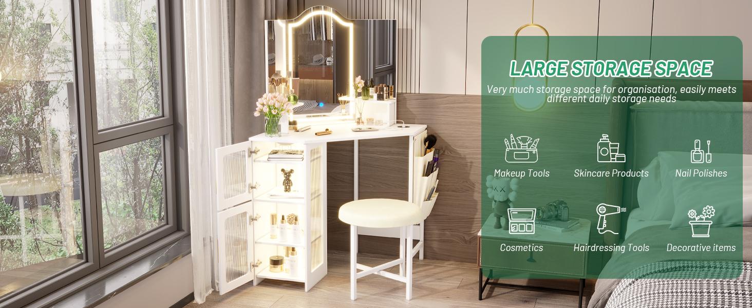 LVSOMT Vanity Desk with Mirror and Lights, Makeup Vanity with Charging Station, Dressing Table with 3 Lighting Options, Vanity Set with Drawers, Women’s Corner Vanity table, Grey