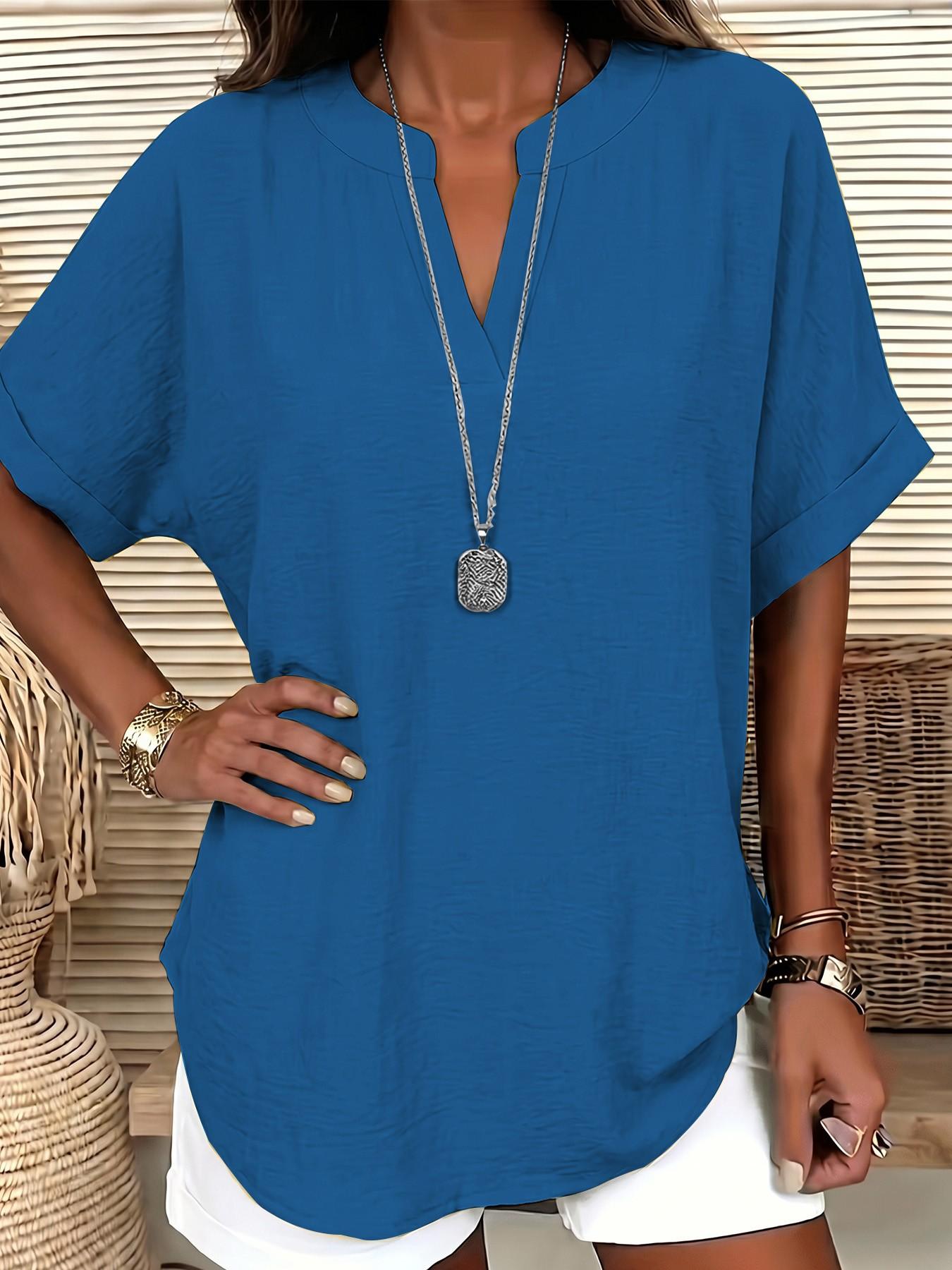 2026 European Style V Neck Short Sleeve Shirt, Casual Fitted T-Shirt, Summer Loose Fit, Hides Belly, Tall Look, Versatile Top