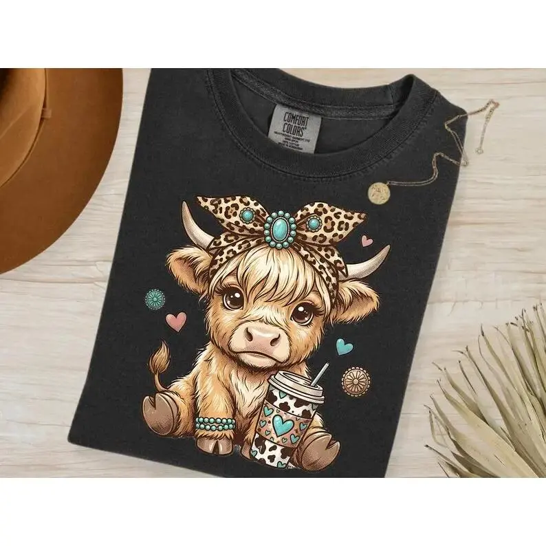 Casual Short-Sleeve Apparel - Comfort Colors Highland Cow Graphic Tee with Leopard Bow Coffee Design, Cute Farm Animal Country Fashion T-Shirt with Soft Fabric, Shortsleeve, Round Neck Top Womenswear