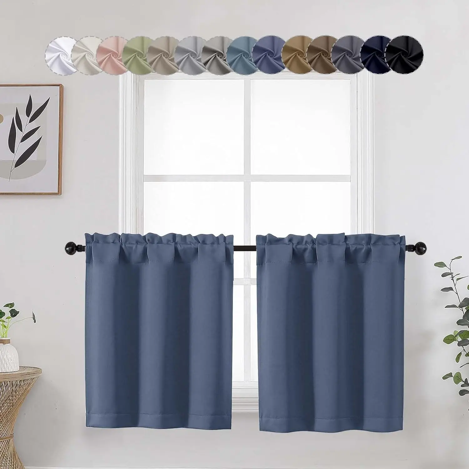Denim Cafe Curtains 24 Inch Length Tier 2 Panels Set, Soft Solid Thermal Insulated Blackout Kitchen Half Curtains for Windows for Bathroom Basement, Denim, 2PCS Each 30" Wx24 L