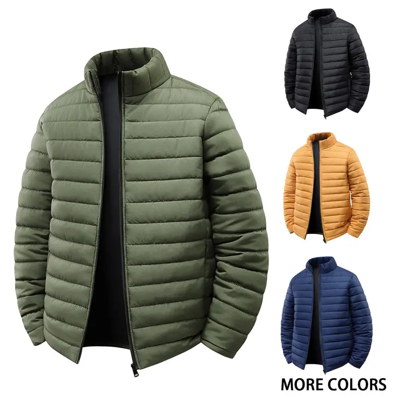 Men's Casual Stand-Collar Polyester Padded Jackets - Medium Length, Full-Zip, Long Sleeve, Solid, Relaxed Fit, Side Pockets, Machine Washable, Warm Quilted Clothes for City Commuting, Outdoor Walking