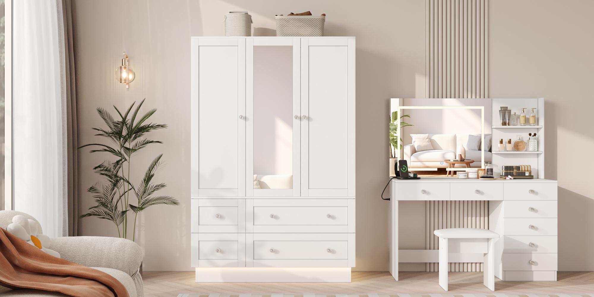 【2 Packages Delivery】VOWNER Bedroom Wardrobe with 3 Doors and 4 Drawers, Mirror, RGB Lights, Hanging Rod, Bedroom, Living Room, White, Black