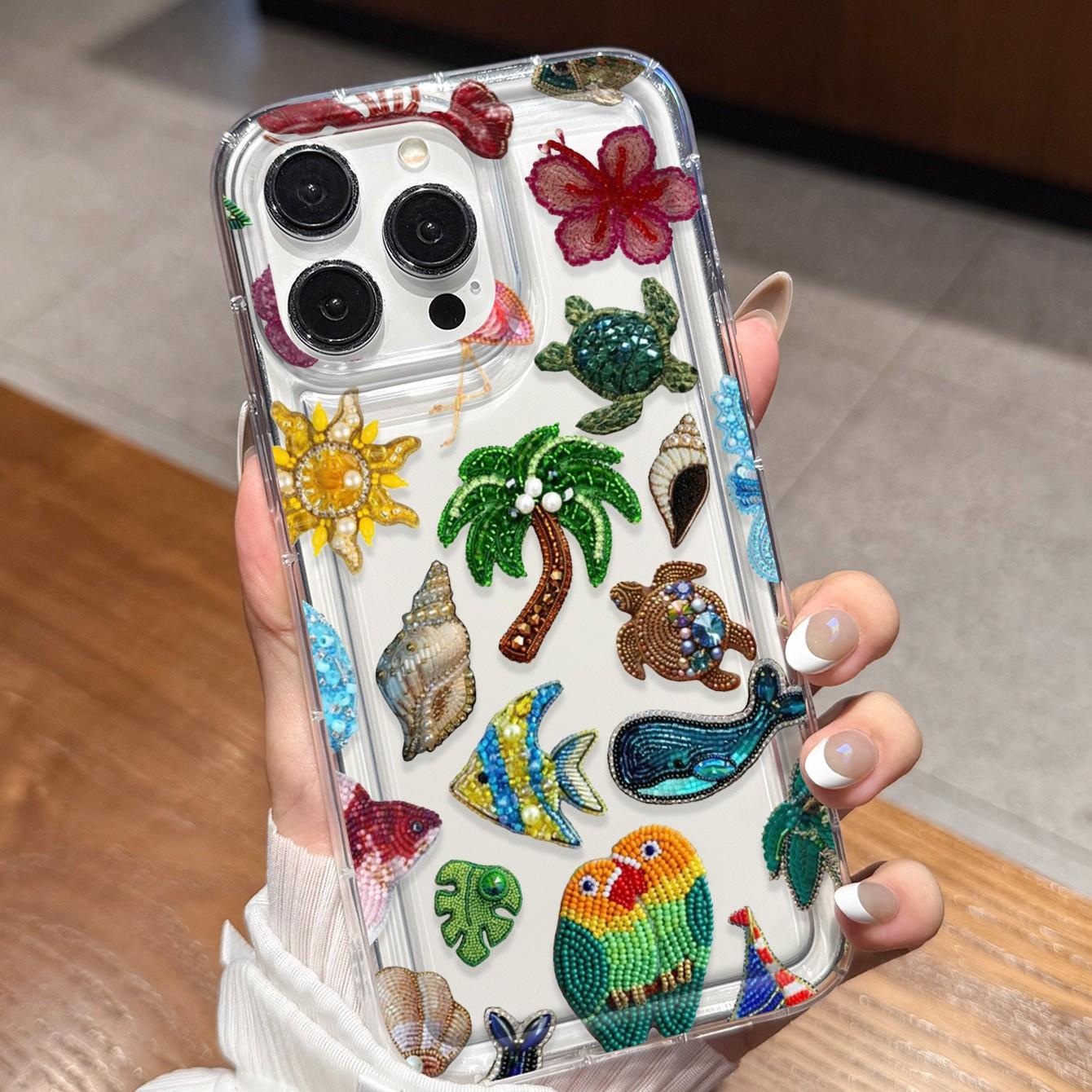Summer Ocean Style Handmade Beaded Phone Case for iPhone 13-14 Series, Transparent Tpu Anti-Drop Protector, Tropical Bird Whale Parrot Design