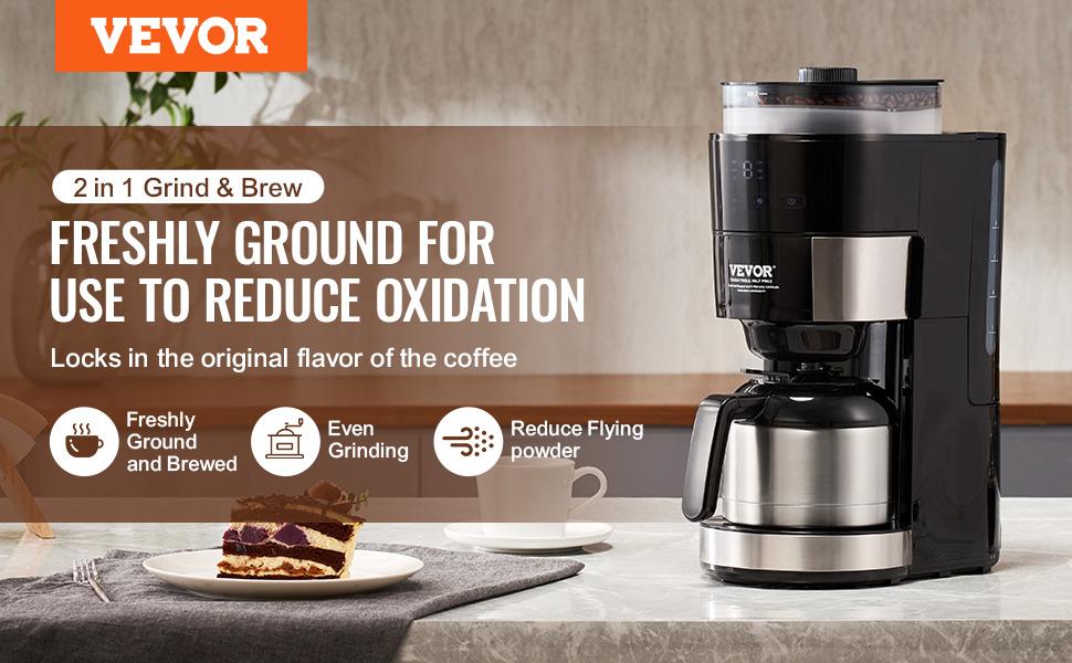 VEVOR Coffee Maker with Grinder, 8 Cup Programmable Coffee Machine, Grind and Brew Coffee Maker with 24-Hour Timer for Auto Brew, Reusable Filter, for Home Office Restaurant