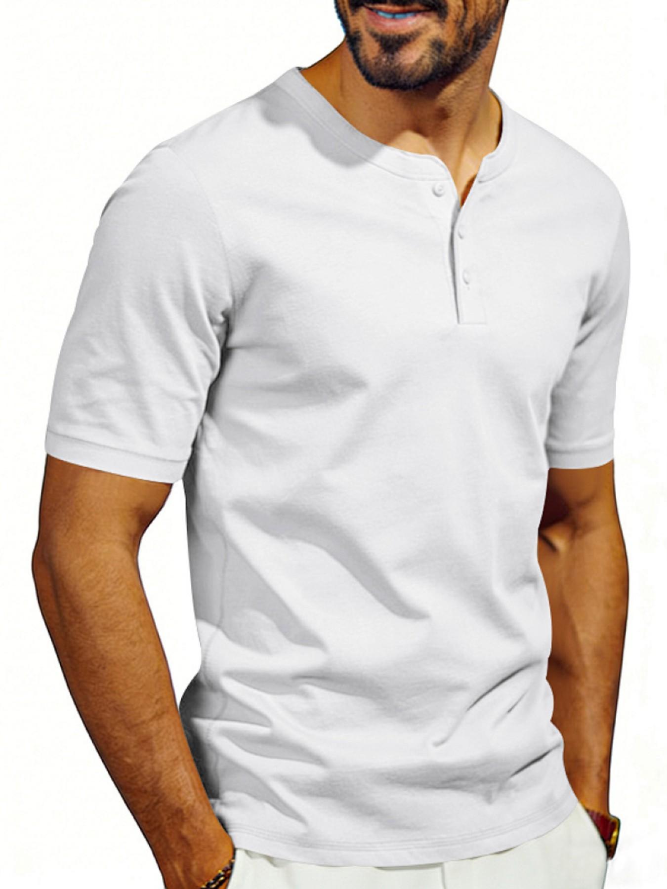 Men's Vintage Summer Loose-Fit Short Sleeve T-Shirt, Henry Collar Plain Color Quick-Dry Breathable, Casual Fashion for Men