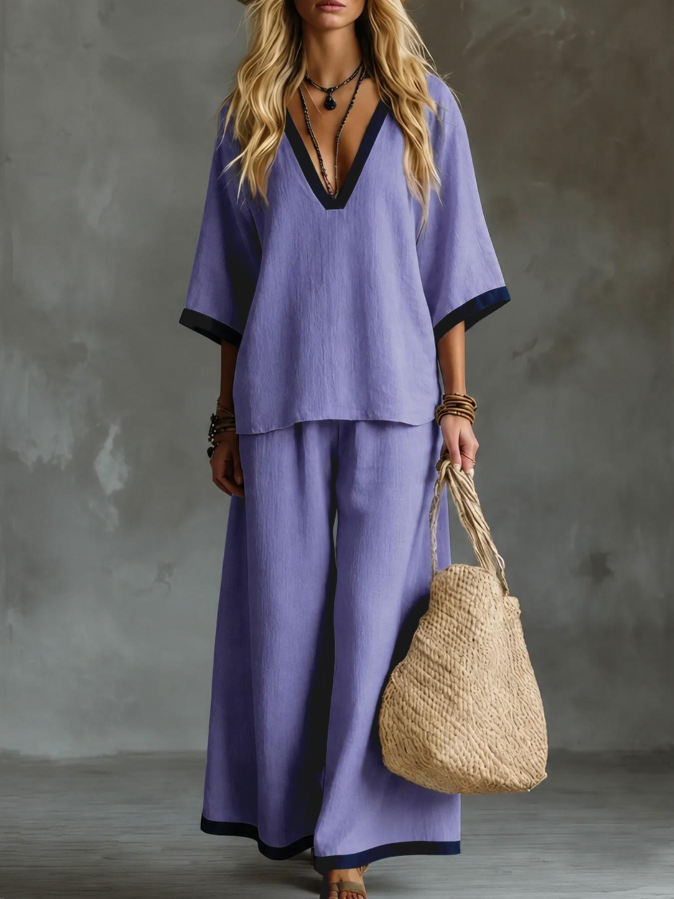 2026 Summer Women's Solid Color Two Piece Set, V Neck Half Sleeve Top, Loose Fit Long Pants, Casual Daily Streetwear, Co-Ord, Outfit