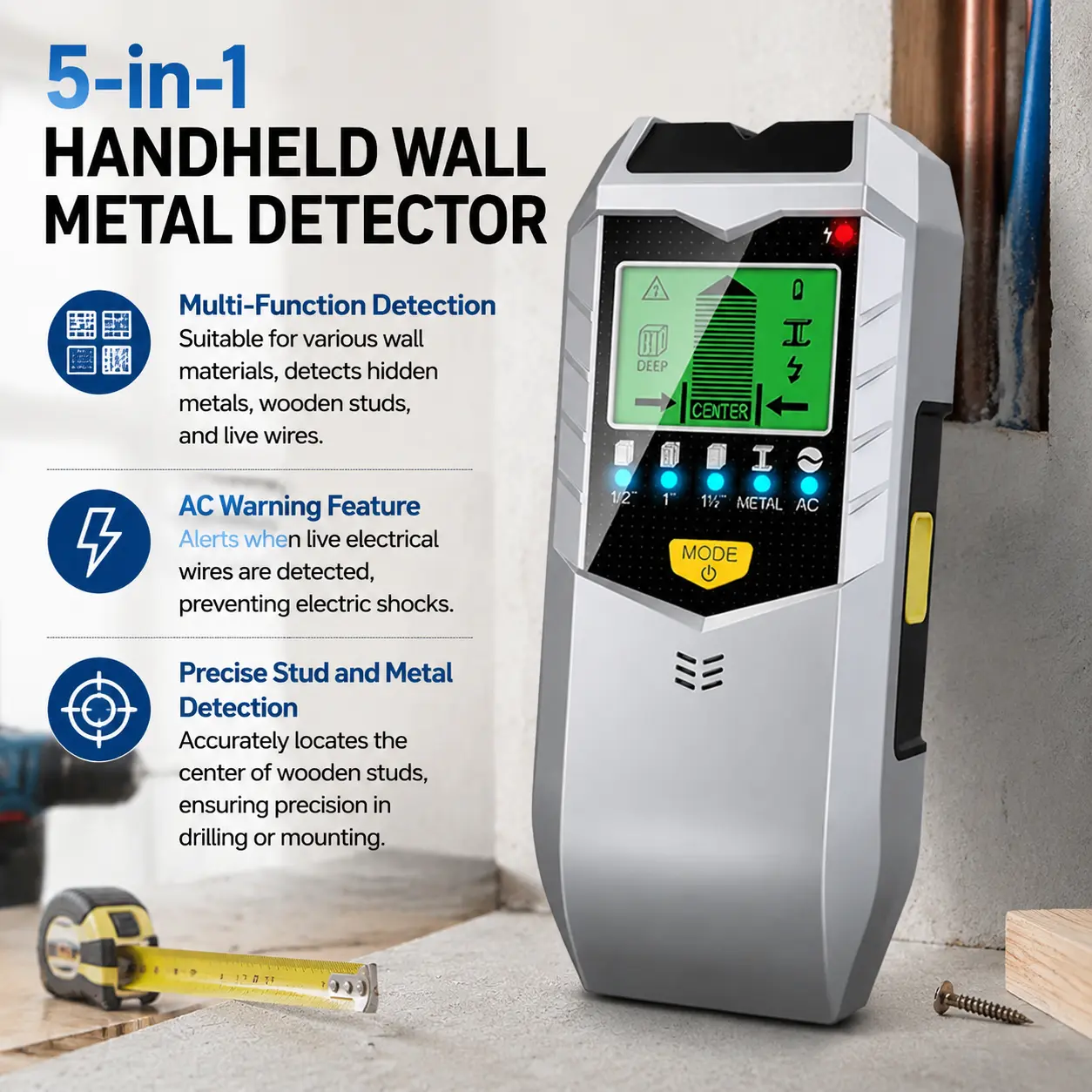 5-in-1 Wall Scanner Stud Finder - ABS+TPE Multi-Detection Tool with AC Wire, Metal, Wood Stud Detection, LCD Display, Inches/CM Measurement for DIY Users, Home Repair, Drilling & Mounting Projects