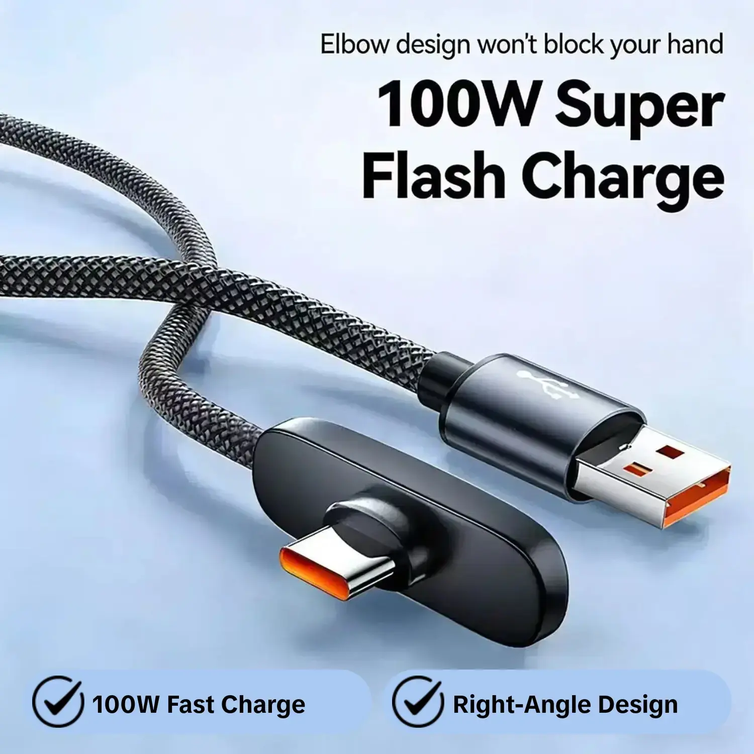 NEW USB-C 100W right-angle braided fast charging data cable, Qysgute 90° design, cable length 1M/1.5M, 6A mobile gaming charging cable, Versatile compatibility, suitable for Android, Type-C phones, durable connection