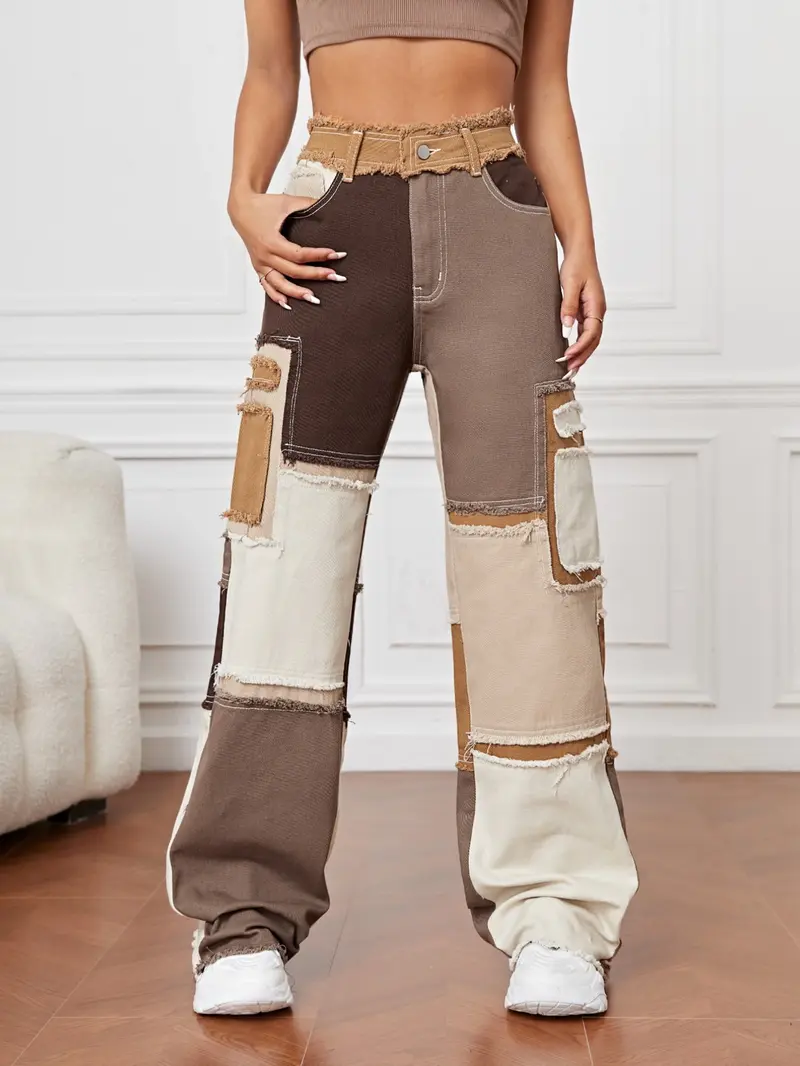 (petite) Marled Patchwork Denim Straight-Leg Pants, Casual Fitted Jeans for All Seasons, Trendy Streetwear for Music Festivals