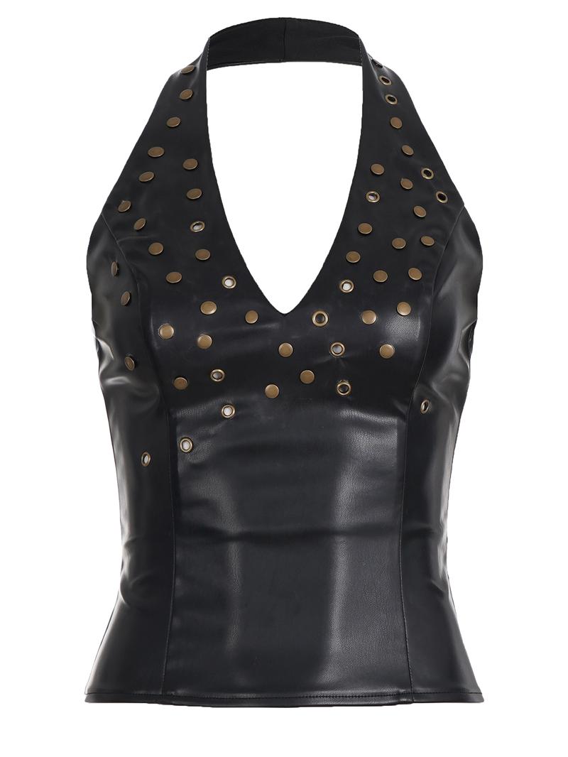 Vintage Street Style Antique Studded Copper Grommet Eyelet Backless PU Leather Halter Top for Women, Sleeveless Slim Fit Short Vest
