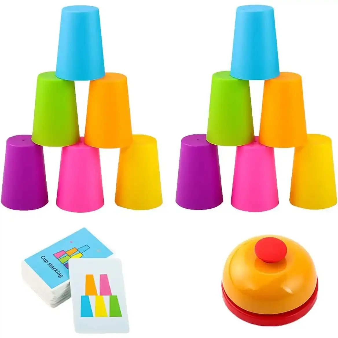 Color Matching Family Stacking Cup Game Kit - 2 Plastic Packs (12 Cups Total), 54 Challenge Cards, Buzzer, Mental Training Competitive Activity, No-Screen Time Alternative, 12.6"l x 10.6"w