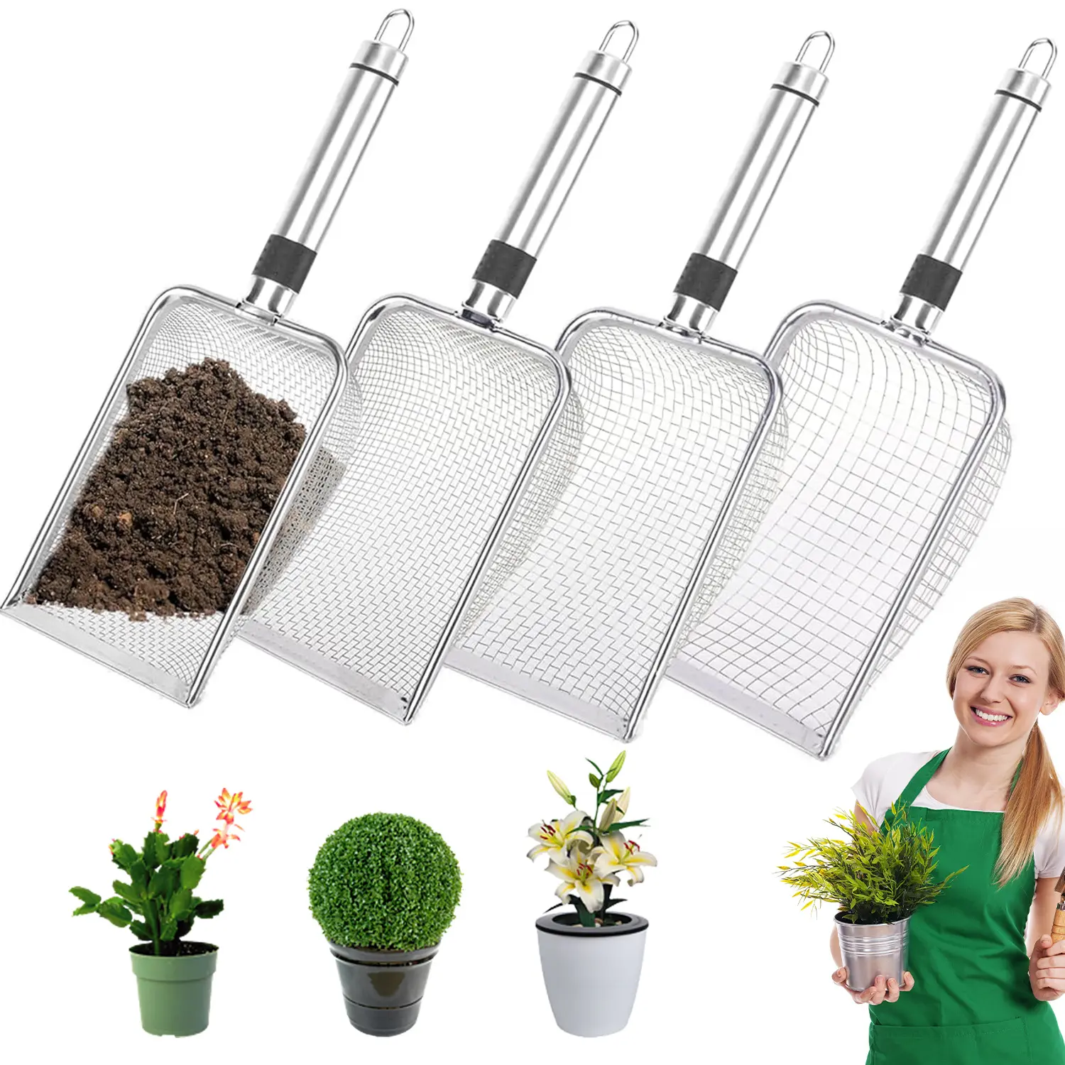 4pcs Stainless Steel Garden Sieve Set with Handles - Multi-Mesh Sifters (2/2.8/3.8/5mm) Fine Mesh Strainer with Handle for Compost, Sand & Seeds | Durable & Stackable Soil Sifting Kit for Gardening & Landscaping