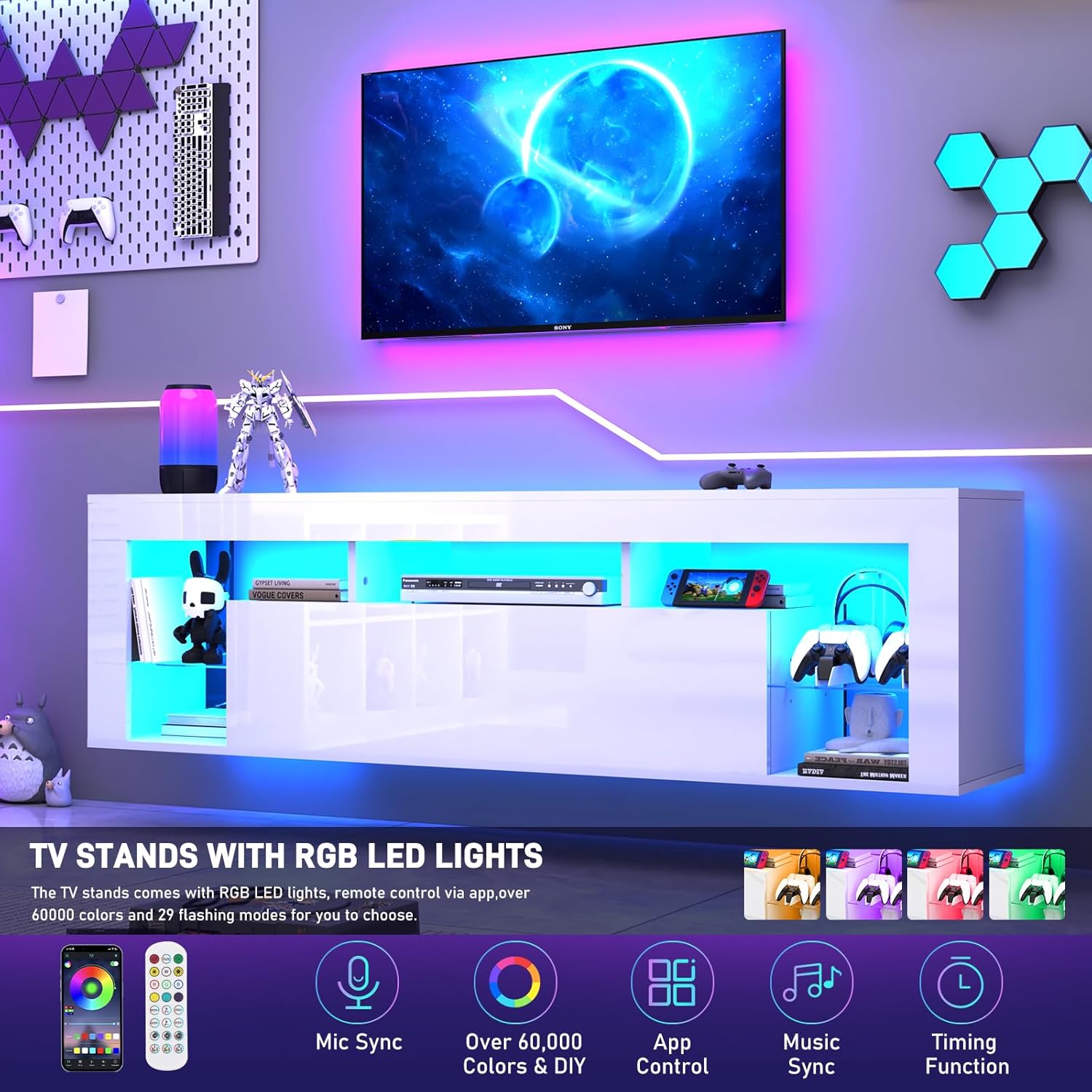 Floating TV Stand for 65/70/75/85 inch inch TV, High Gloss Led Gaming Entertainment Center with Storage and Shelf, Wall Mounted TV Console Table with Lights, White/Black Furniture Living Room Organization Home