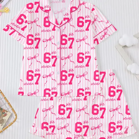 Striped Fitted Pajama Set, Fire-Retardant Button-Front Ruffled Shirt & Elastic-Waist Shorts, Casual Style Cute Cartoon Print Sleepwear, Loungewear, Pjs, Pajama Nightwear Set, Shorts Pyjama Set #GLOBAL PICKS