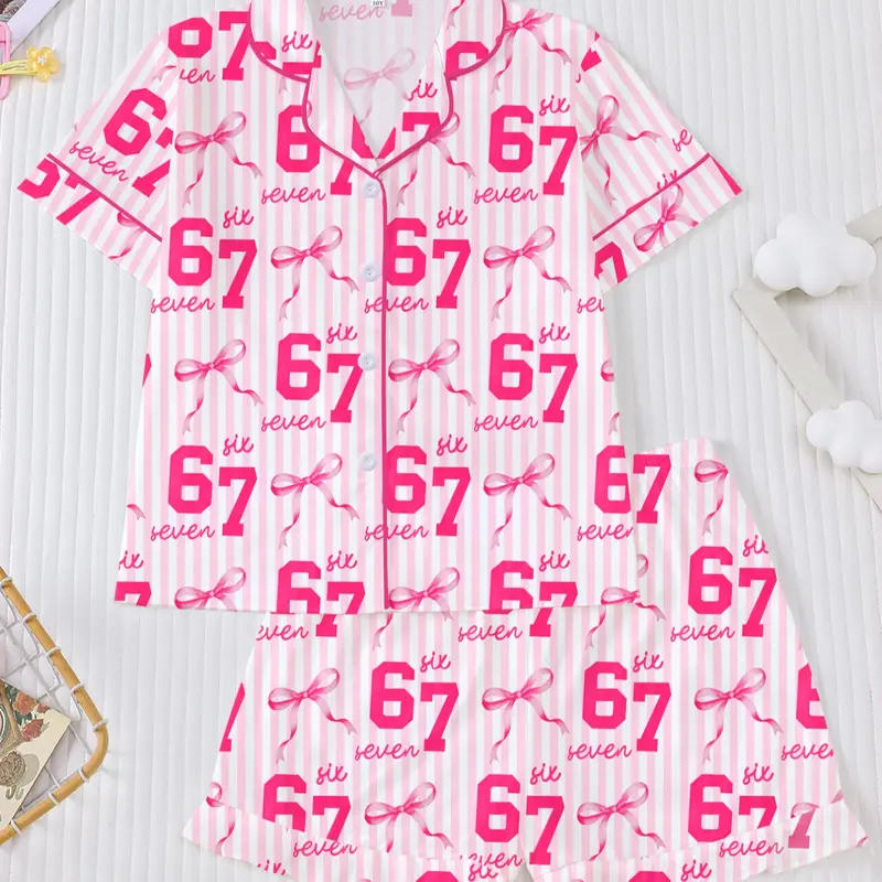 Striped Fitted Pajama Set, Fire-Retardant Button-Front Ruffled Shirt & Elastic-Waist Shorts, Casual Style Cute Cartoon Print Sleepwear, Loungewear, Pjs, Pajama Nightwear Set, Shorts Pyjama Set #GLOBAL PICKS