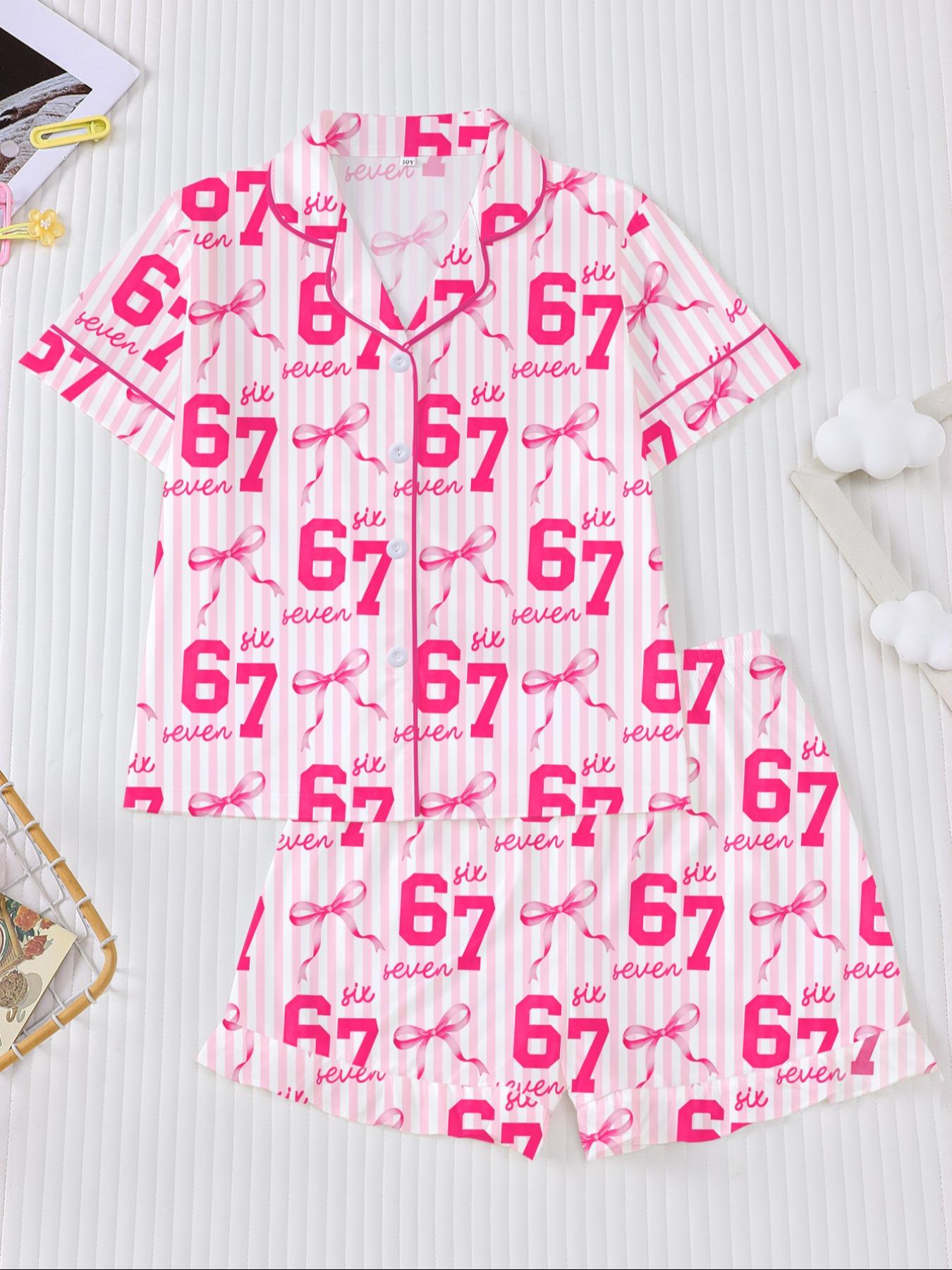 Striped Pajama Set, Fire-Retardant Button-Front Ruffled Shirt & Elastic-Waist Shorts, Casual Cartoon Print Sleepwear