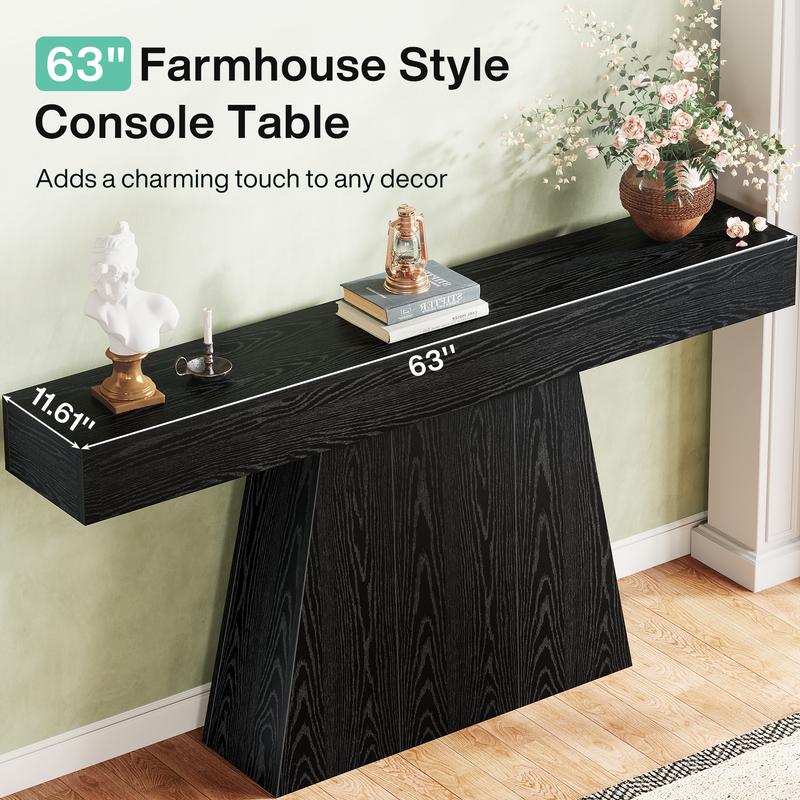 LITTLE TREE 63" Black Console Table, Farmhouse Entryway Table with Trapezoidal Base, Narrow Long Sofa Table Behind Couch Table for Entrance, Hallway, Living Room